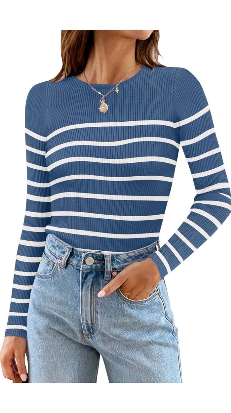 ZESICA Women's Long Sleeve Crewneck Striped Shirts Spring Ribbed Knit Sweater. S